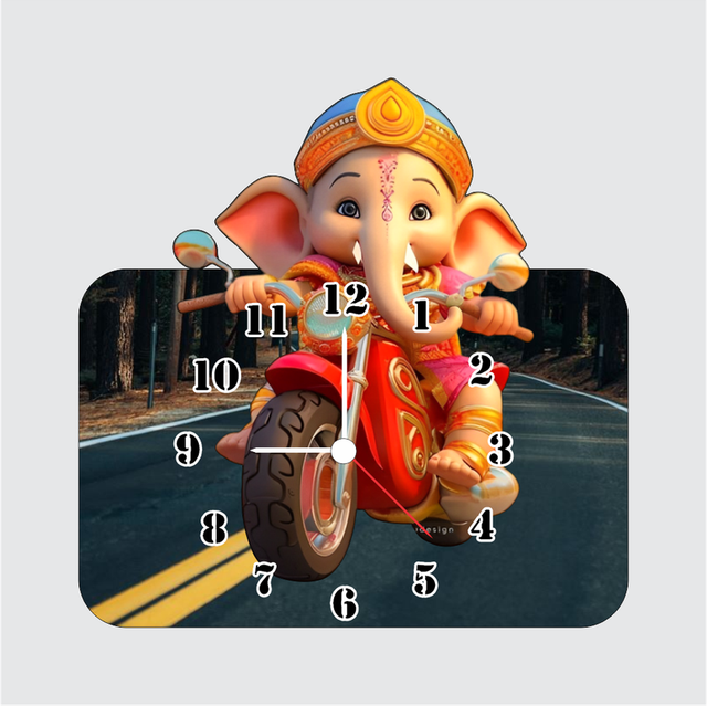 104.png TERA MERA GIFT | Baby Ganesha on Bike Theme Wall Clock 12 Inch | 6mm MDF Matte Finish | Fun Cartoon Kids Room Decor Clock - Image 1