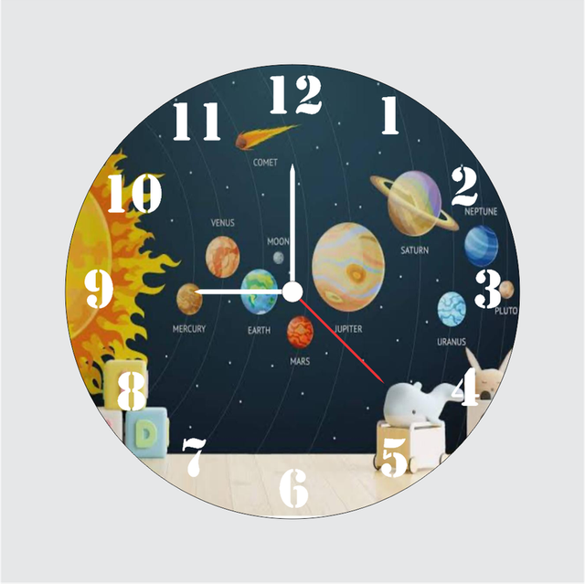 105.png TERA MERA GIFT | Solar System Design Wall Clock 12 Inch | 6mm MDF Matte Finish | Planet Theme Learning Kids Wall Clock - Image 1