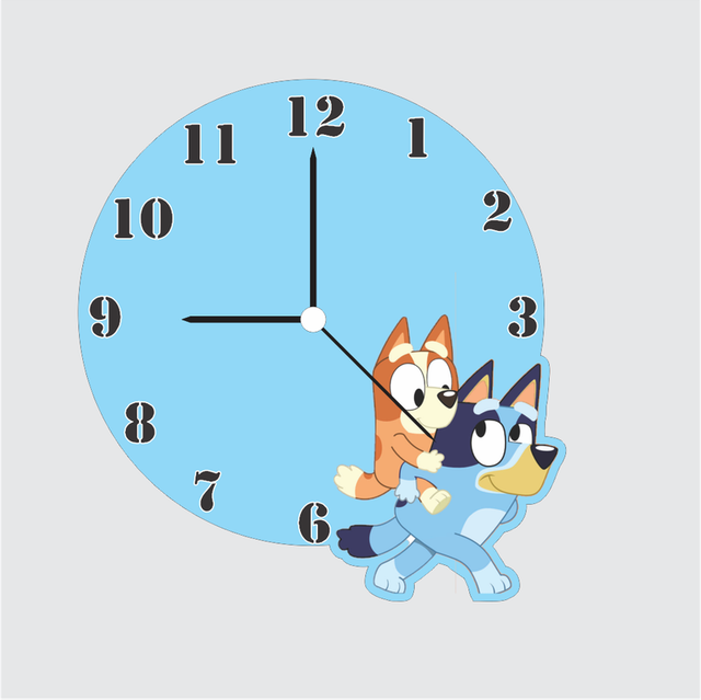 108.png TERA MERA GIFT | Bluey and Bingo Wall Clock 12 Inch | 6mm MDF Matte Finish | Fun Cartoon Theme Clock for Kids Room Decor - Image 1