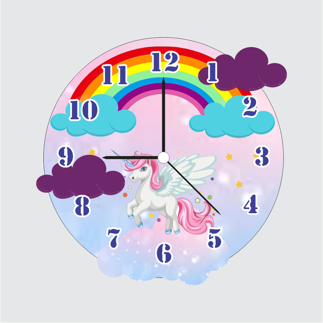 119.png TERA MERA GIFT | Unicorn Flying Pegasus Wall Clock 12 Inch | 6mm MDF Matte Finish | Kids Room Rainbow Theme Clock - Image 1