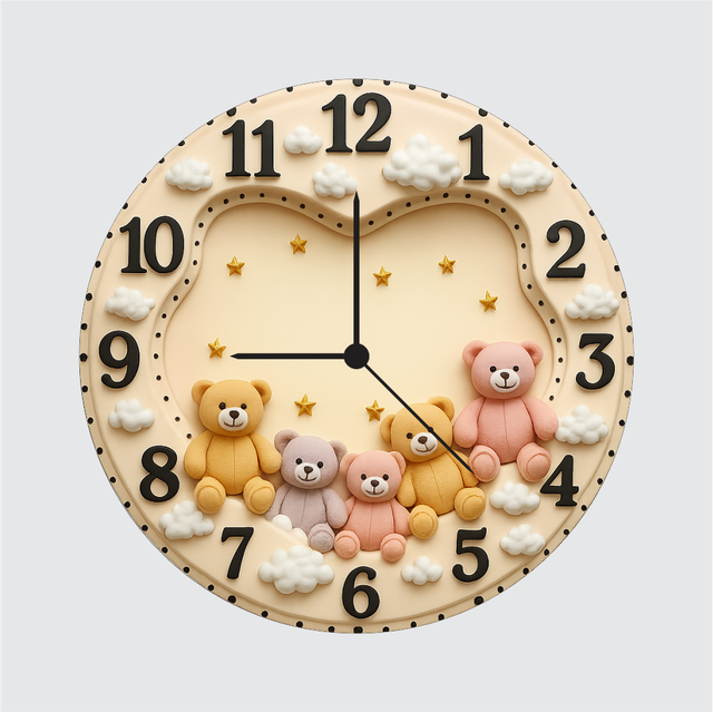 2-3.png TERA MERA GIFT Cute Teddy Bear Wall Clock 12 Inch – Adorable Kids Room Decor Clock with 3D Bears & Stars | Perfect Birthday & Baby Gift - Image 1
