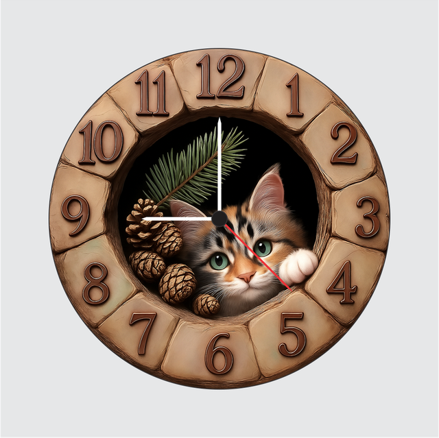 4-1.png TERA MERA GIFT 3D Wooden Cat Wall Clock 12 Inch Round Clock – Adorable Kitty Artwork Decor for Bedroom Living Room and Home Office - Image 1