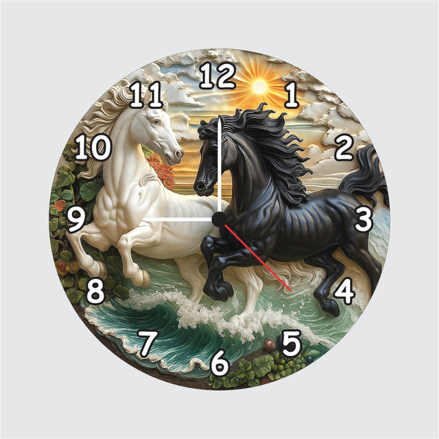 43-1.png TERA MERA GIFT 3D Wooden Horse Wall Clock 12 Inch Round Clock – Twin Horses Design for Living Room & Office Wall Decor - Image 1