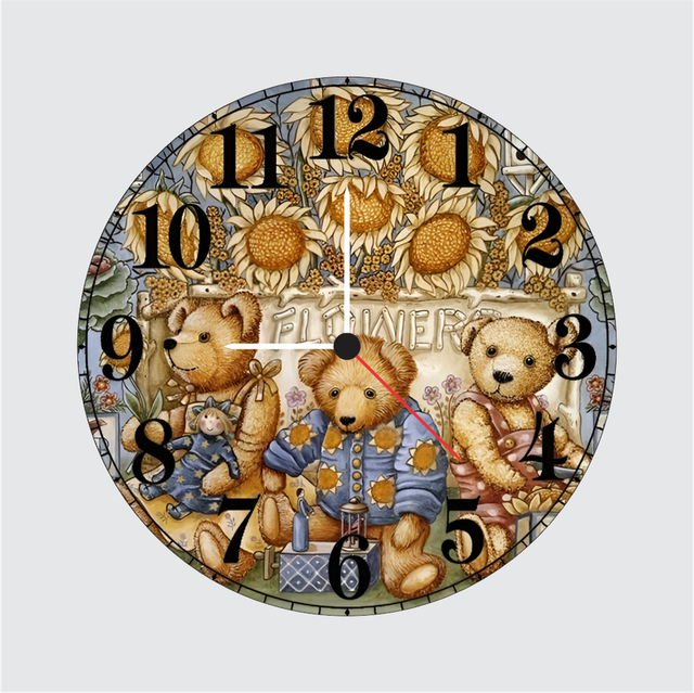 72.png TERA MERA GIFT | Teddy Bear Sunflower Wall Clock 12 Inch | 6mm MDF Matte Finish | Decorative Flower & Bear Design Wall Clock for Nursery or Bedroom - Image 1
