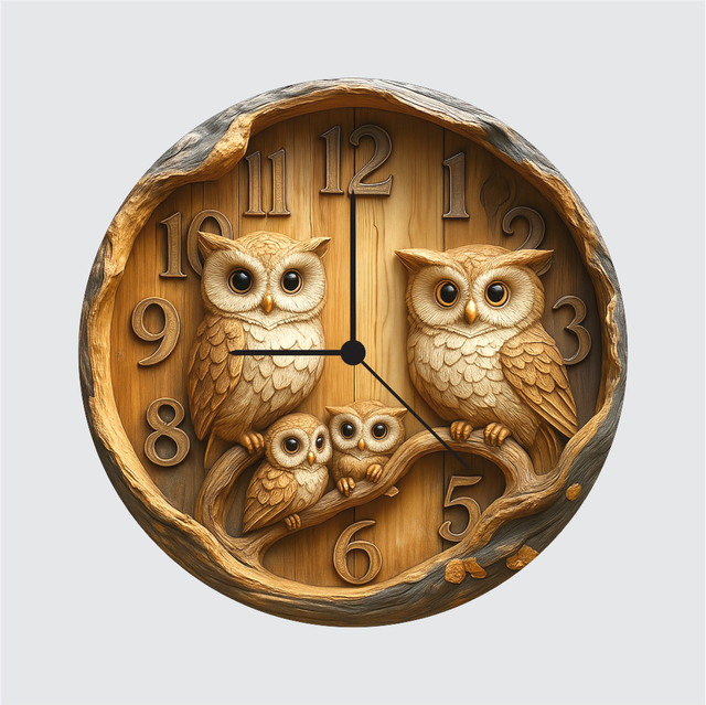 82-1.png TERA MERA GIFT Owl Family Wall Clock 12 Inch Rustic Wooden Nature Theme Decor Clock for Gifting - Image 1