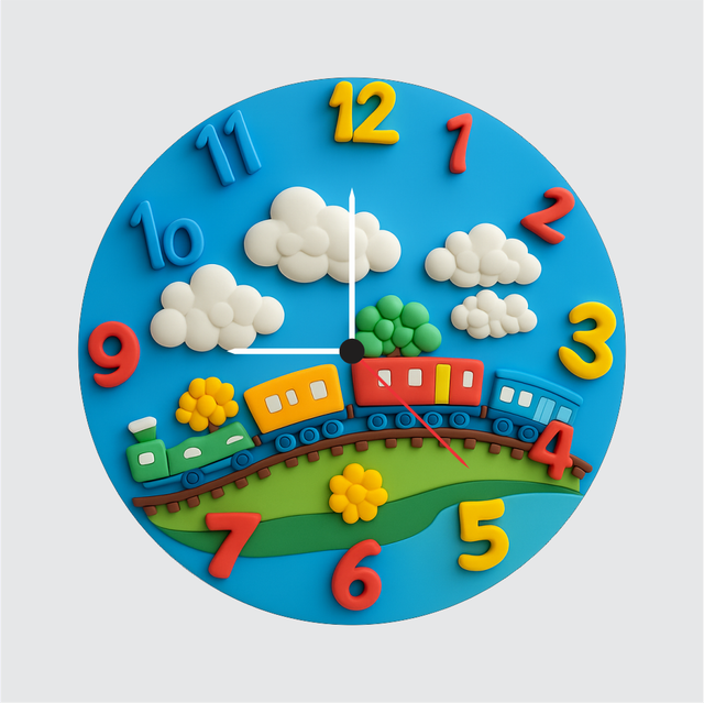 9-3.png TERA MERA GIFT Cute Train Wall Clock 12 Inch – Colorful Kids Room Decor with Playful Train & Clouds | Perfect Birthday & Learning Gift - Image 1