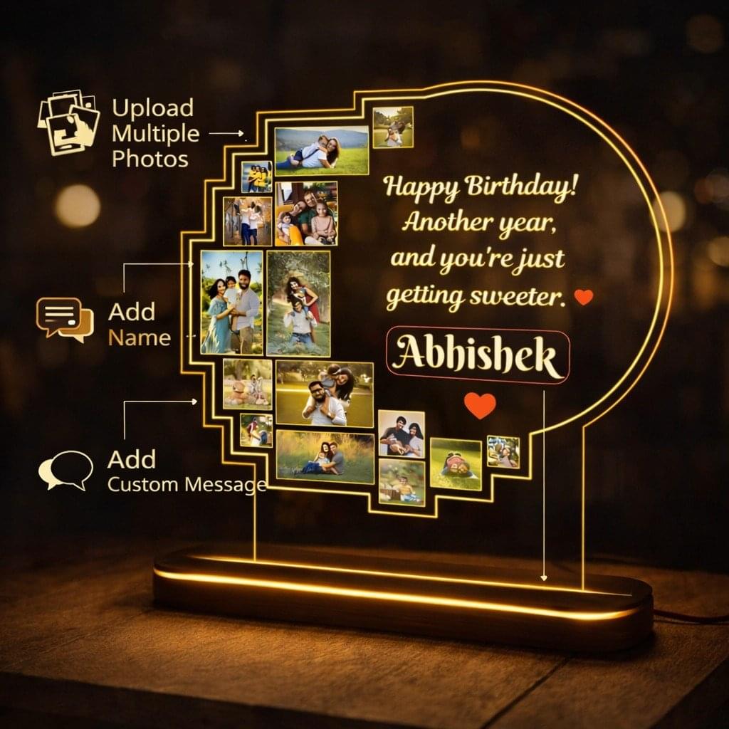 2026/01/1000487066.jpg TERA MERA GIFT Customized LED Acrylic Photo Frame Lamp with Name Collage Design Wooden Base Night Light for Birthday Anniversary Romantic Gift Home Decoration - Image 1